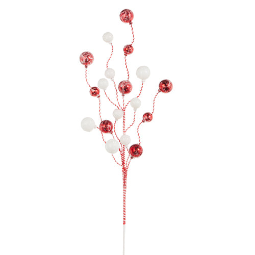 34" Striped Red and White Glittered Ball Spray