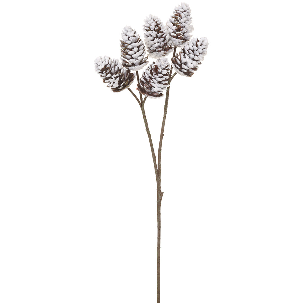 32" Snowed Pinecone Spray. Brown with white. Made of Plastic and Wire.