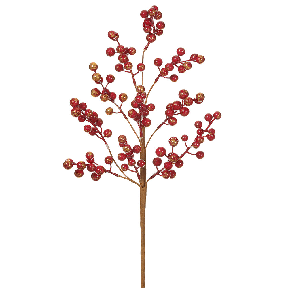 18" Fashion Berry Spray. Red with gold. Christmas essentials. Made of Styrofoam and Plastic.