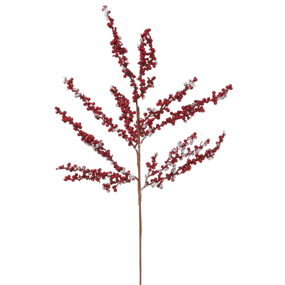 28" Snowed Berry Spray. Red with white. Made of Styrofoam, Plastic, and Iron Wire.