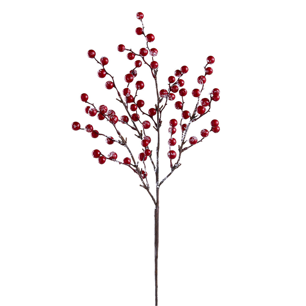 27" Snowed Berry Spray. Red with white snow detail. Made of Wire, Paper, and Styrofoam.