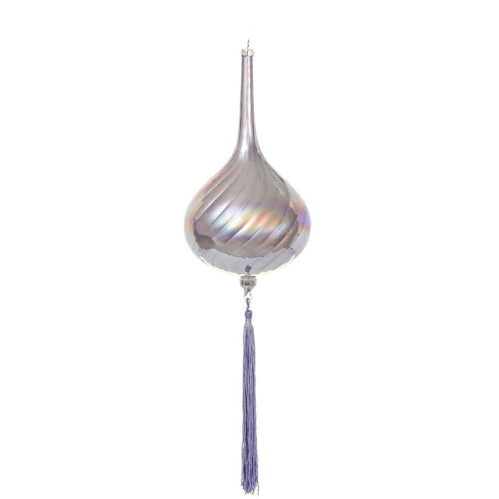 11.25" Glass Teardrop Ornament with Tassel. Purple/lavender.