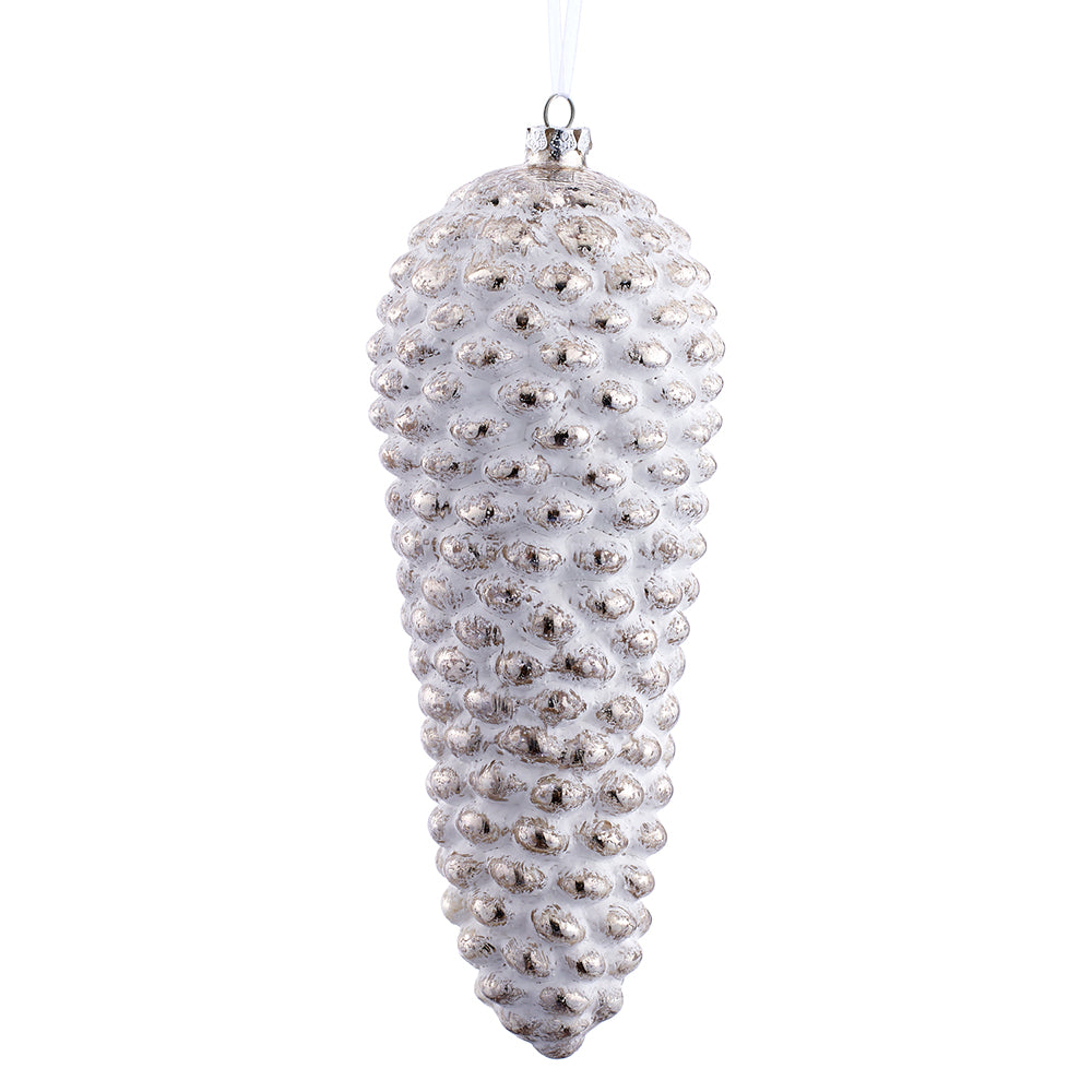 12" Glass Pinecone Ornament. White and silver.