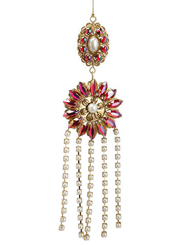 9.5" Rhinestone and Pearl Drop Ornament. Gold and purple. Made of Plastic and Metal.