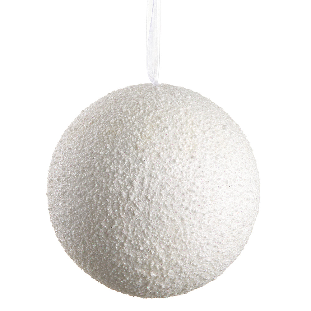 8" Glittered Ball Ornament. White.
