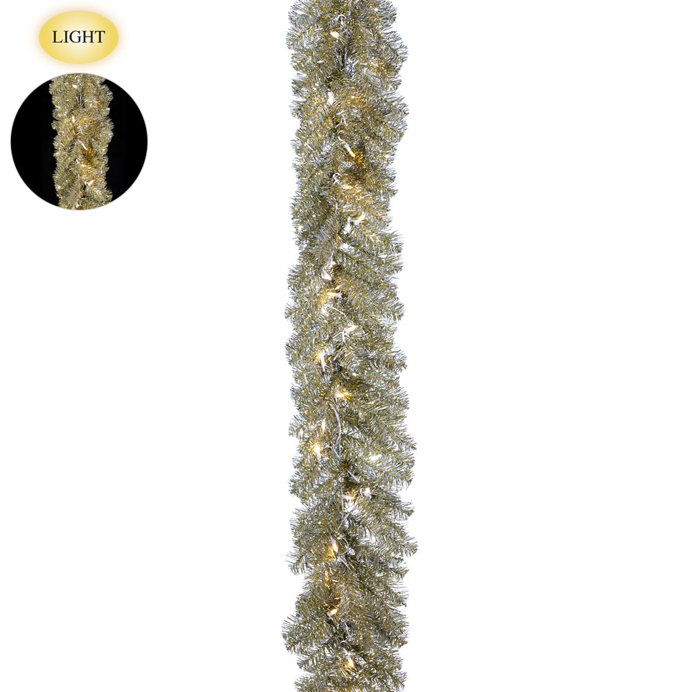 9' Tinsel Garland x180 with 50 LED Lights. Platinum. Made of PVC. Measures 9'L x 12"W.