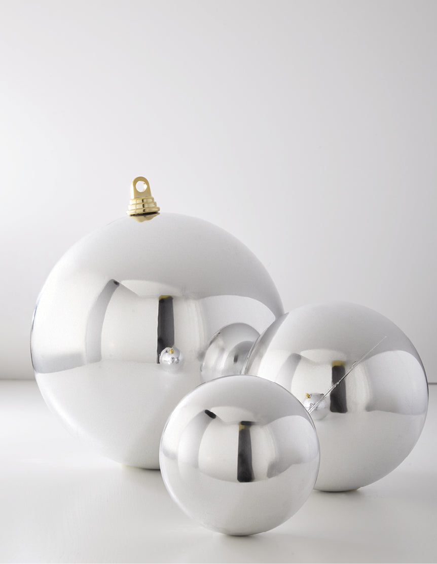 7"-10" Shiny Silver Ball Ornament. Shatterproof Christmas Ornaments to make your decorating days easy and fun. Made of Plastic