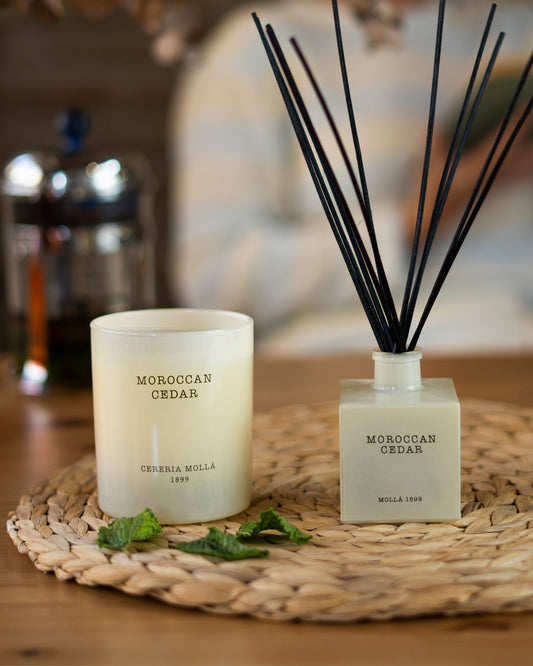 Moroccan Cedar Boutique Scented Candle and Premium Reed Diffuser, 3.4 fl oz,by Cereria Mollá.