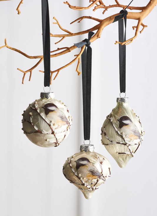5" Chickadee Glass Ornament (Ball, Onion, Finial)