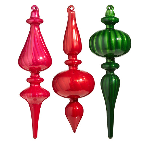 9.75" Blown Glass Finial Ornament (Pink, Red, Green)