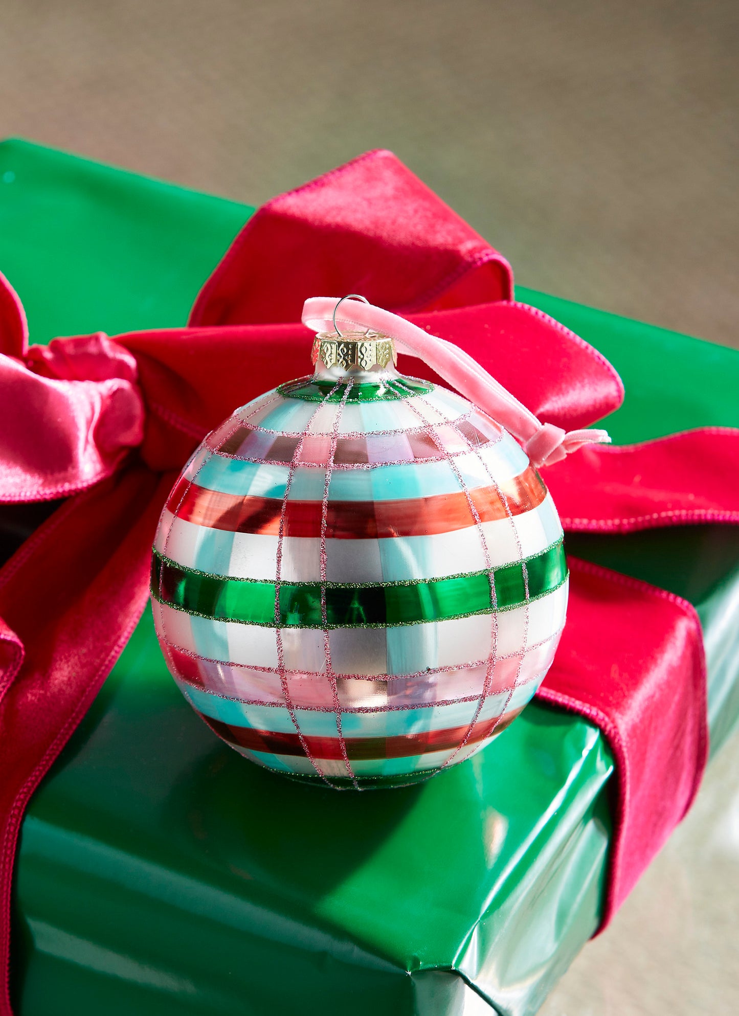 5" Pink and Green Plaid Ball Ornament