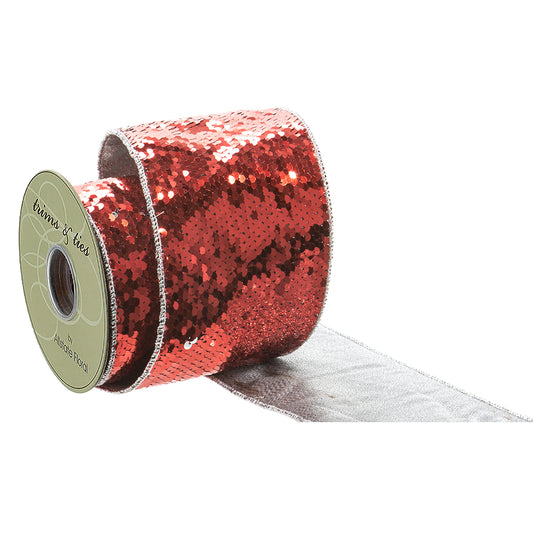 4"x5yd Sequin Ribbon. Red and silver. Made of Polyester and Nylon.