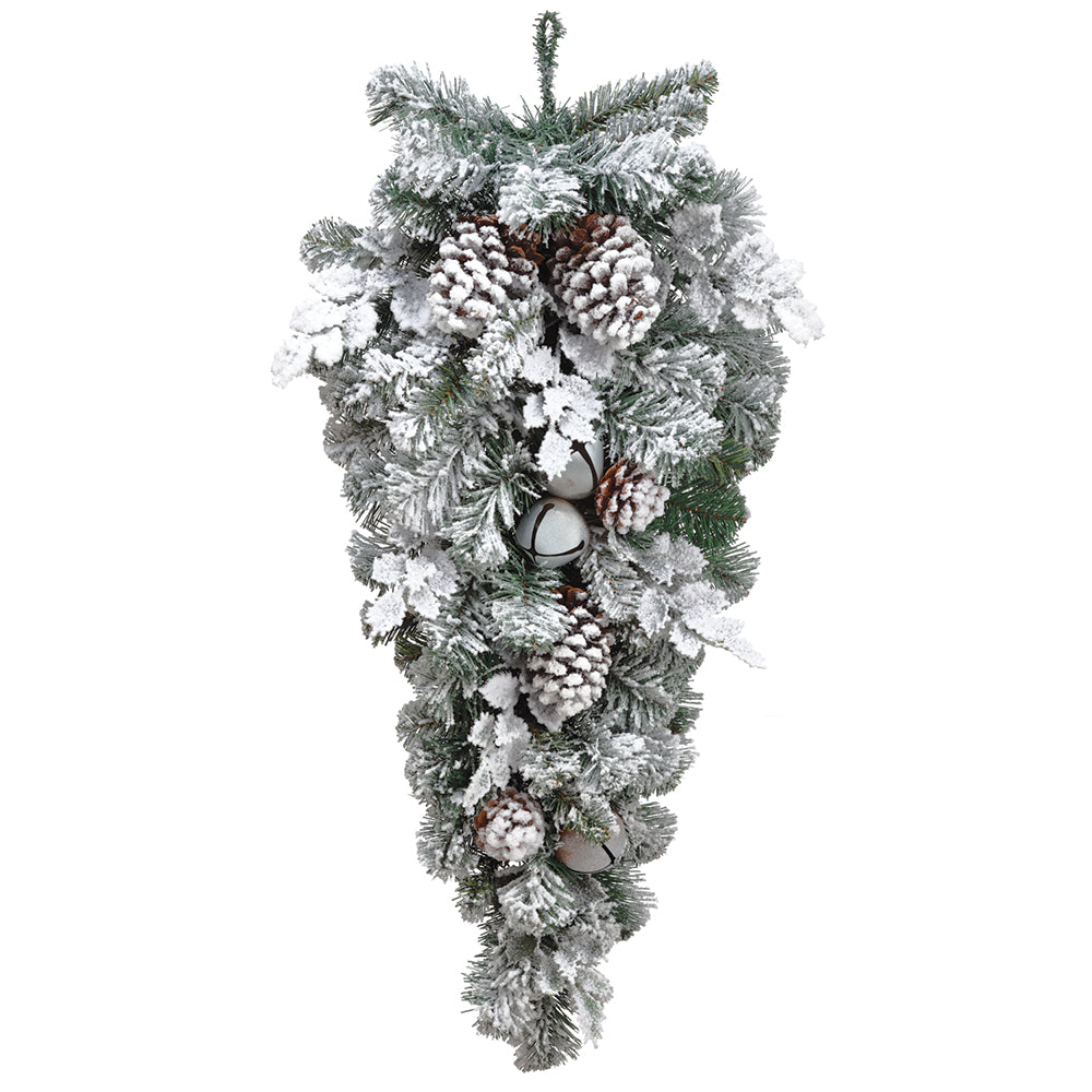 30" Snowed Pine Teardrop/Swag with Pinecones, Hollys, and Jingle Bells. White, green, and brown. Made of PVC, Iron, Plastic, and Pinecone.