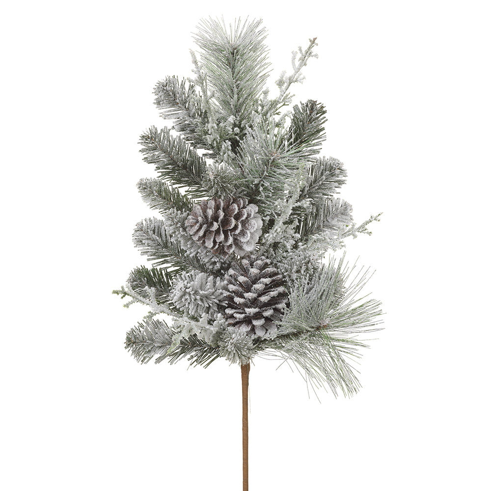 24" Snowed Pinecone and Pine Spray. Green and white.