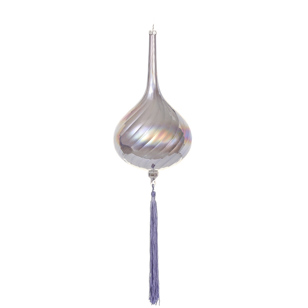 11.25" Glass Teardrop Ornament with Tassel. Purple/lavender.