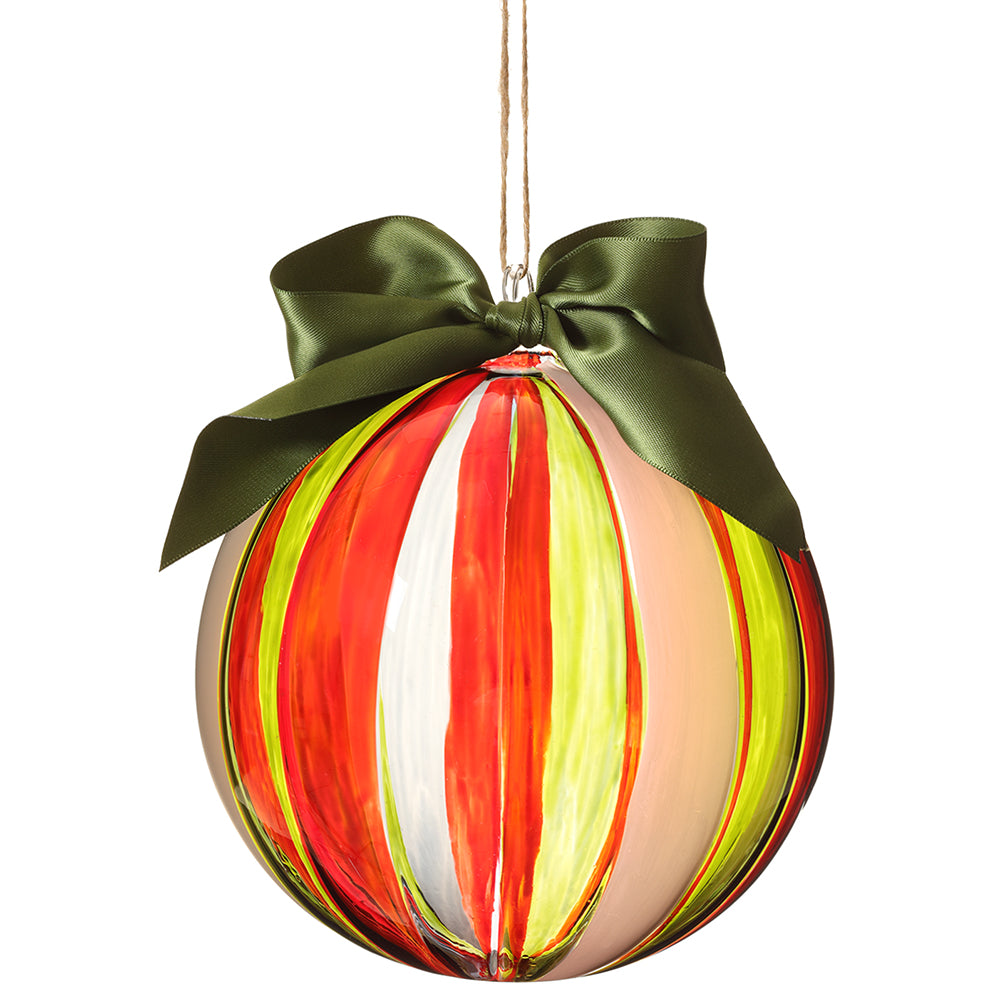 6" Glass Ball Ornament. Red and green with green top bow.
