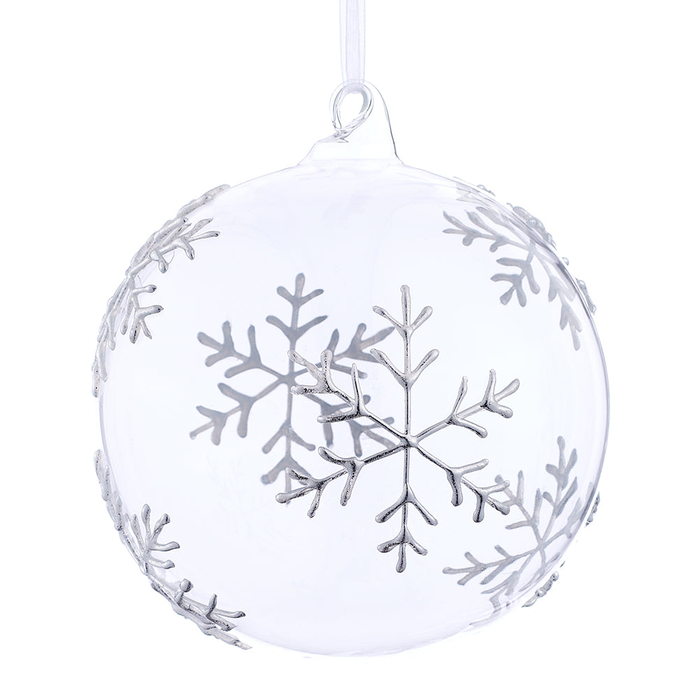 6" Snowflake Glass Ball Ornament. Clear with silver snowflake design.