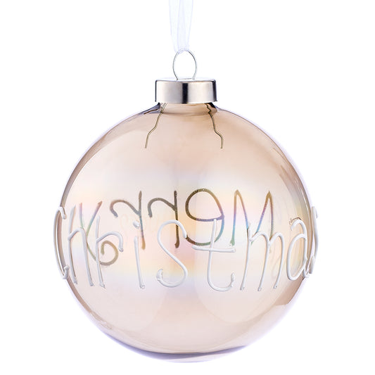 4" Merry Christmas Glass Ball Ornament. Smoke with white letters.