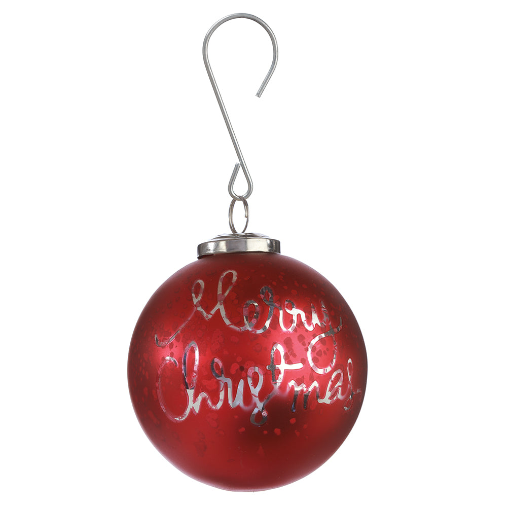 4" Merry Christmas Glass Ball Ornament. Red and silver.
