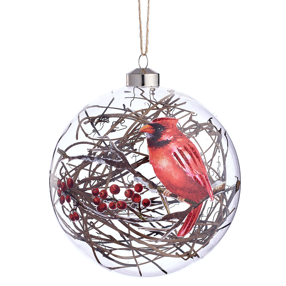 6" Cardinal Glass Ball Ornament. Clear, red, and brown. Made of Glass and Iron.