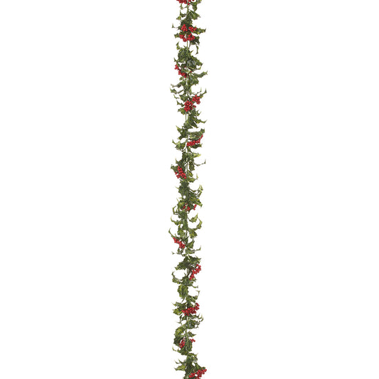 72" Variegated Holly Garland with Berries. Green with red. Made of Plastic.
