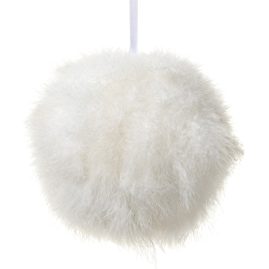 5.9" White Fur Ball Ornament. Made of Foam and Feather.