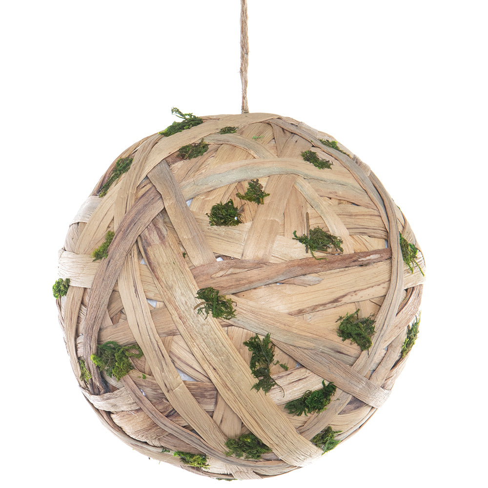 8" Sisal and Moss Ball Ornament. Beige and green.