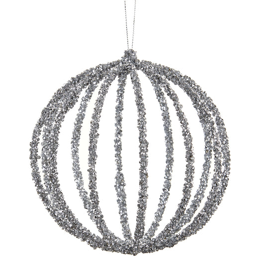 6" Glittered Filigree Ball Ornament. Silver. Made of Iron and Plastic.