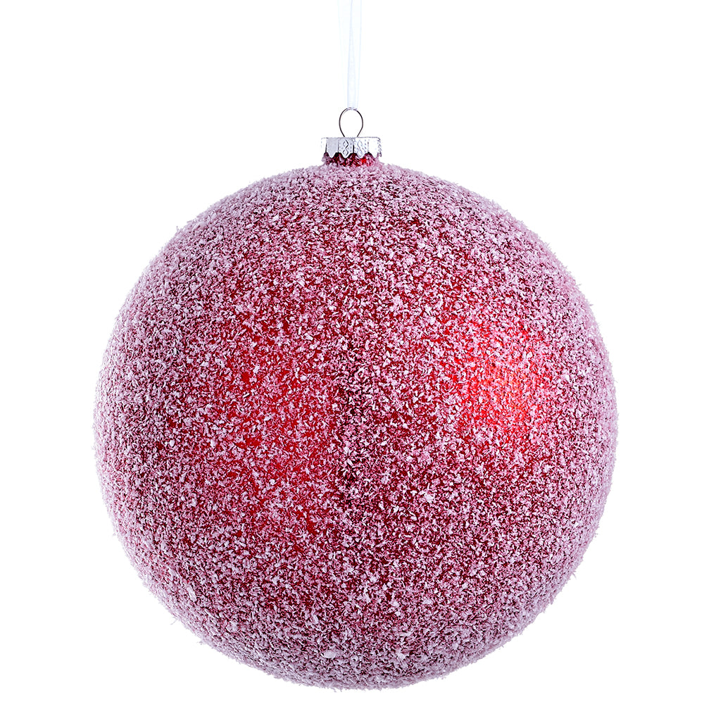 8" Flocked Plastic Ball Ornament. Red and white.