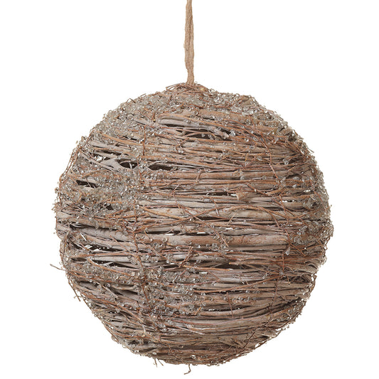 7.25" Iced Twig Ball Ornament. Whitewashed. Made of Wire and Twig.