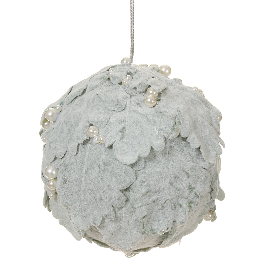 6" Dusty Miller Ball Ornament with Pearls. Gray Green.