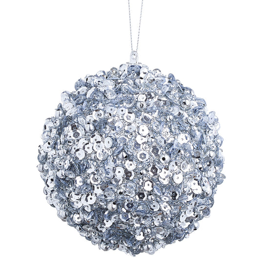 3.95" Silver Sequins Ball Ornament. Made of Plastic.