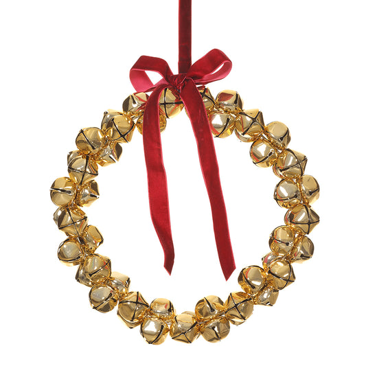 10.25" Jingle Bell Ornament. Gold with red top bow detail. Made of Metal.