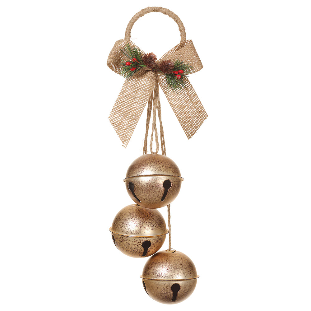 12.25" Jingle Bell Ornament. Gold with jute bow and pine/pinecone/berry detail. Made of Metal and Jute.