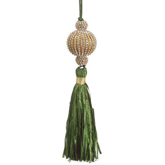 7" Jeweled Ball Ornament with Tassel. Green and gold. Made of Plastic, Polyester, Brass, and Glass Beads.
