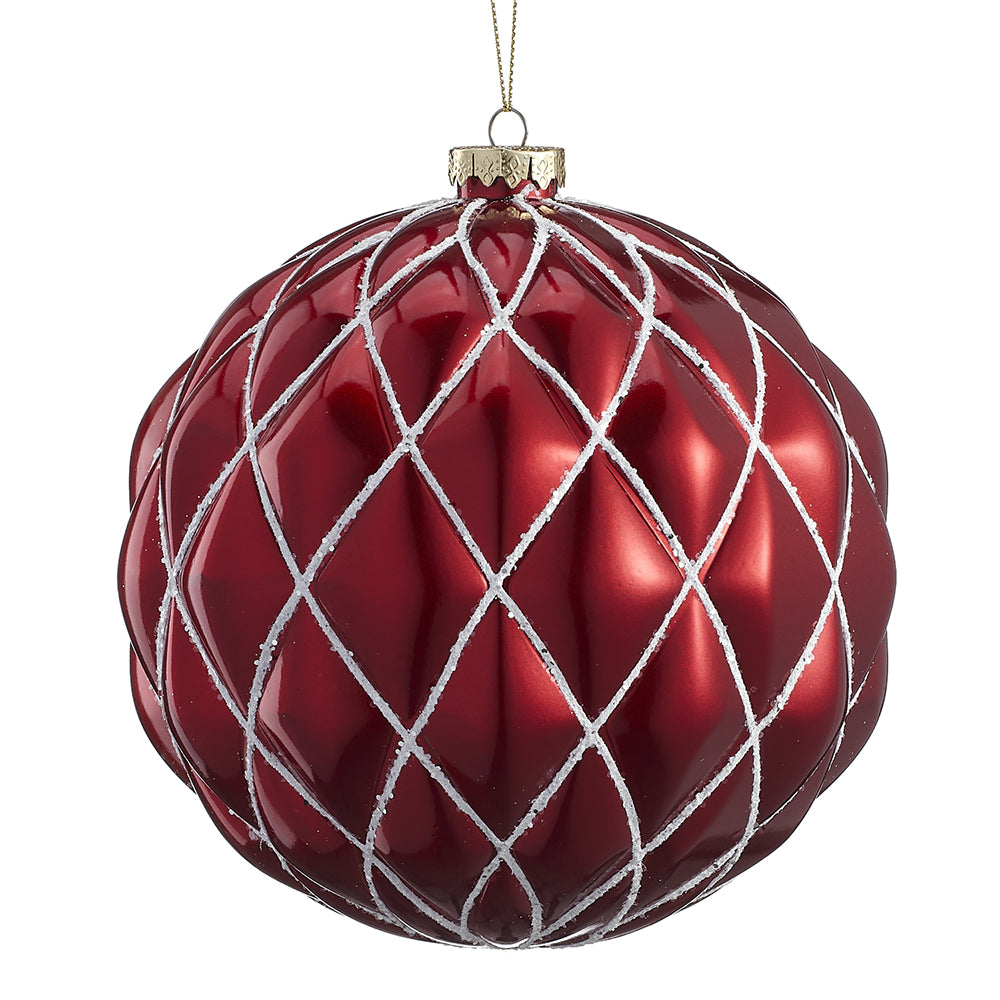 6" Glittered Plastic Ball Ornament. Red with white glitter detail. Made of Plastic.
