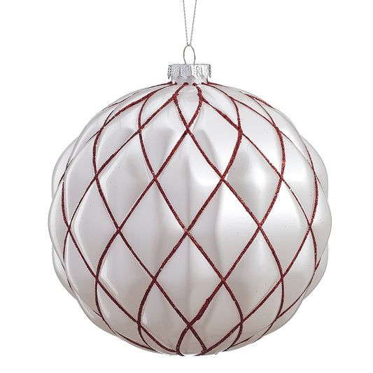 6" Glittered Plastic Ball Ornament. White with red glitter detail. Made of Plastic.
