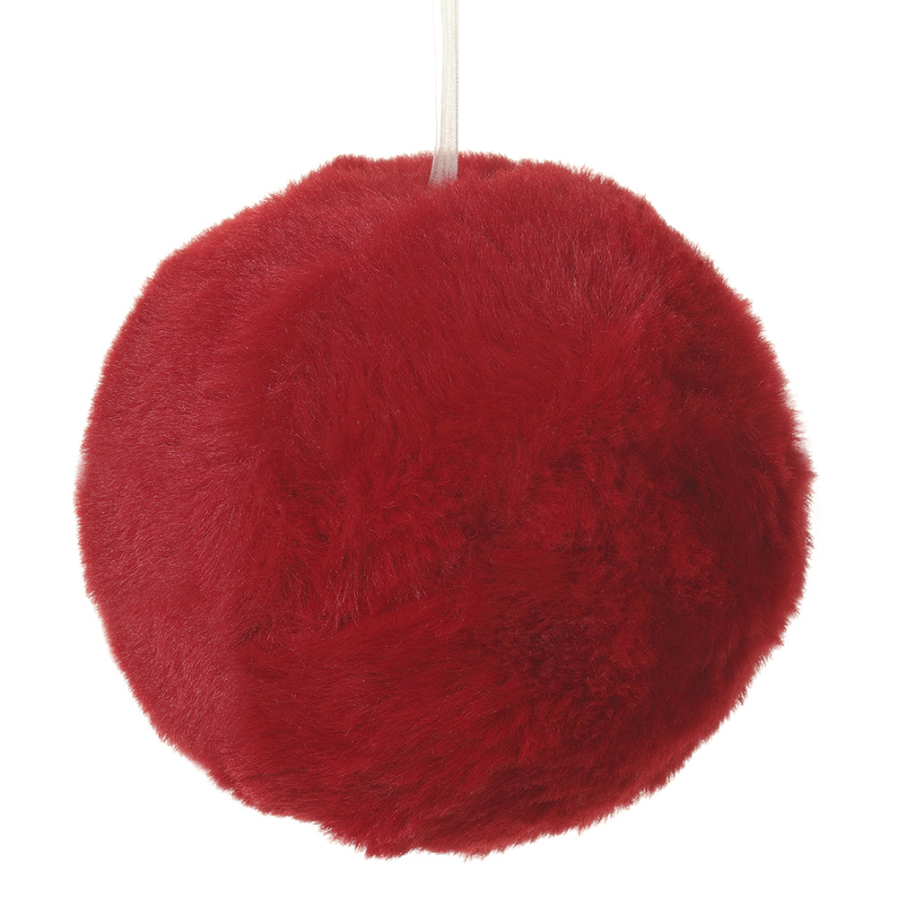 4" Red Fur Ball Ornament. Made of Polyester and Polyfoam.
