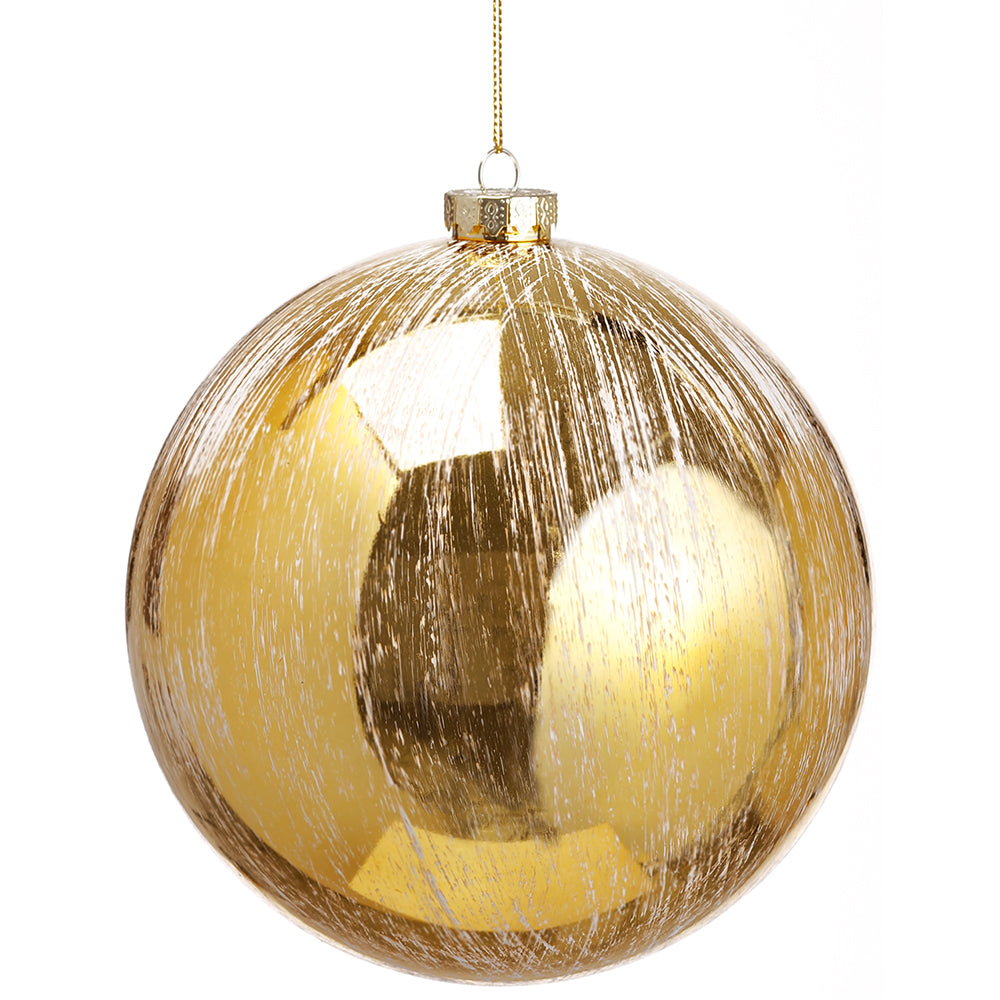 6" Glittered Ball Ornament. Gold with white brush-like touches.