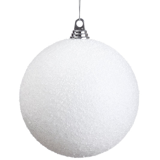 8" Snowed Plastic Ball Ornament. White.