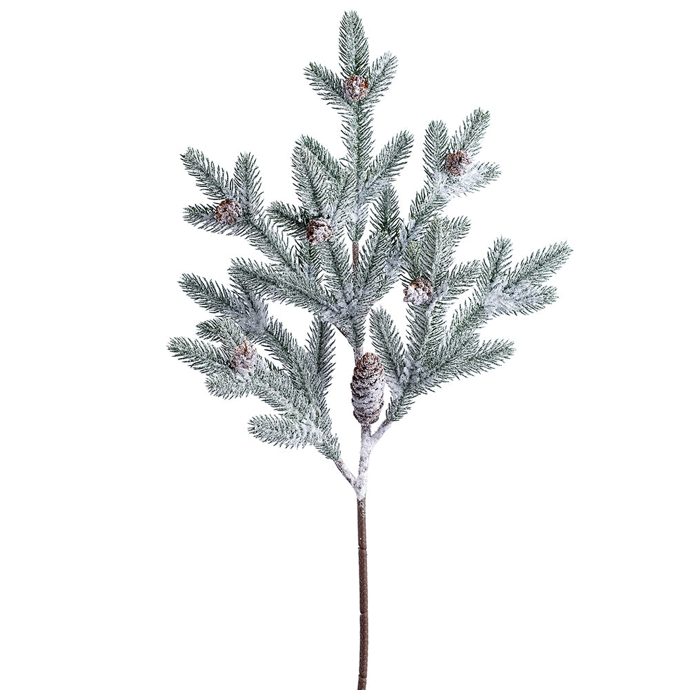29.5" Snowed Pine Spray with Pinecones. Green with white. Made of Plastic.