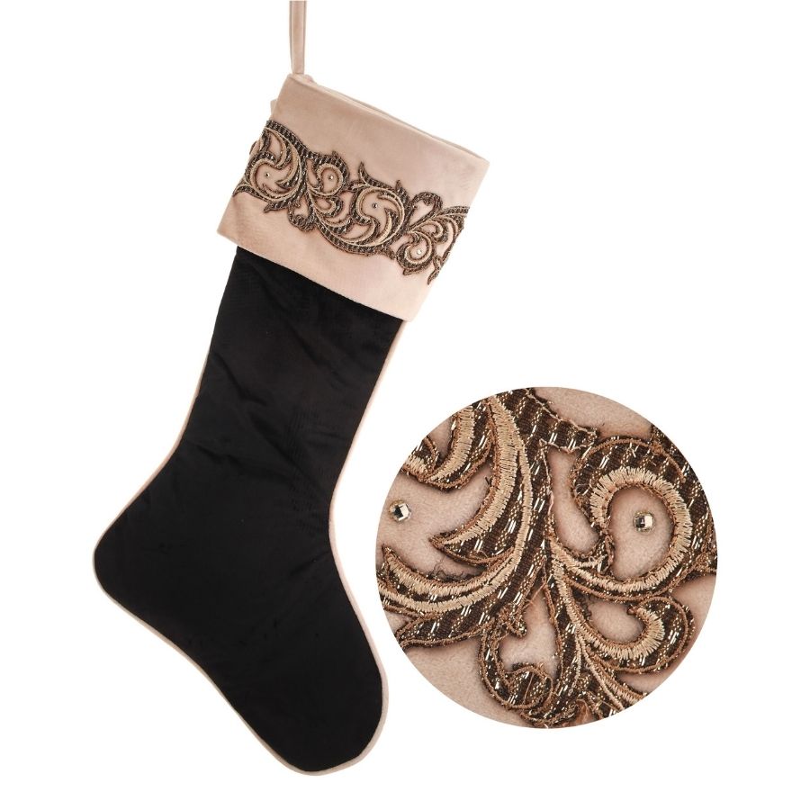 25" Embroidered Scroll Velvet Stocking (Black-Gold)