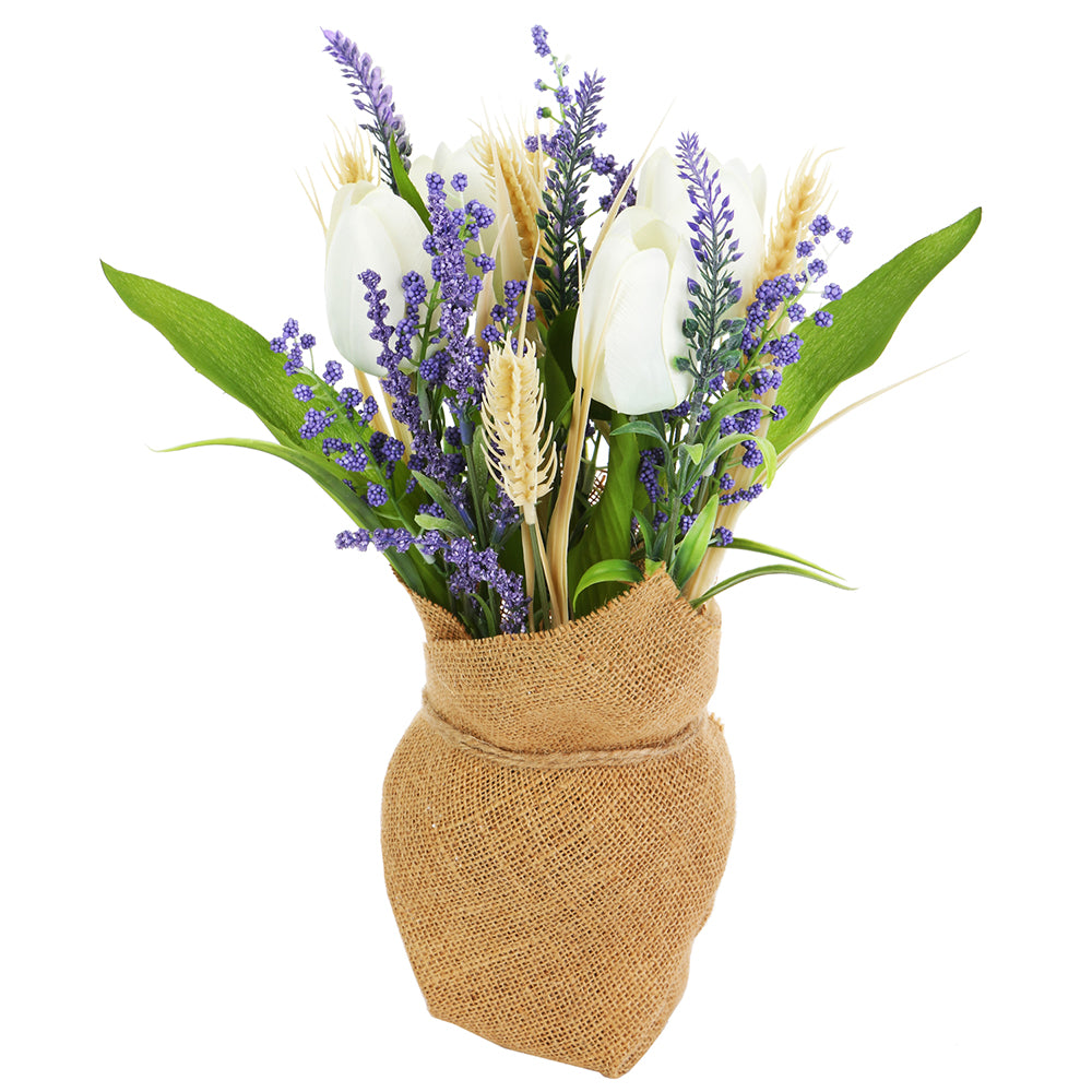 13" Tulip, Lavender & Grass in Burlap Pot (White, Purple)