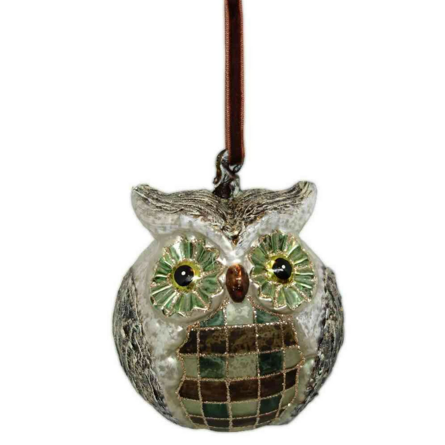 4" Painted Finish Glass Plaid Owl