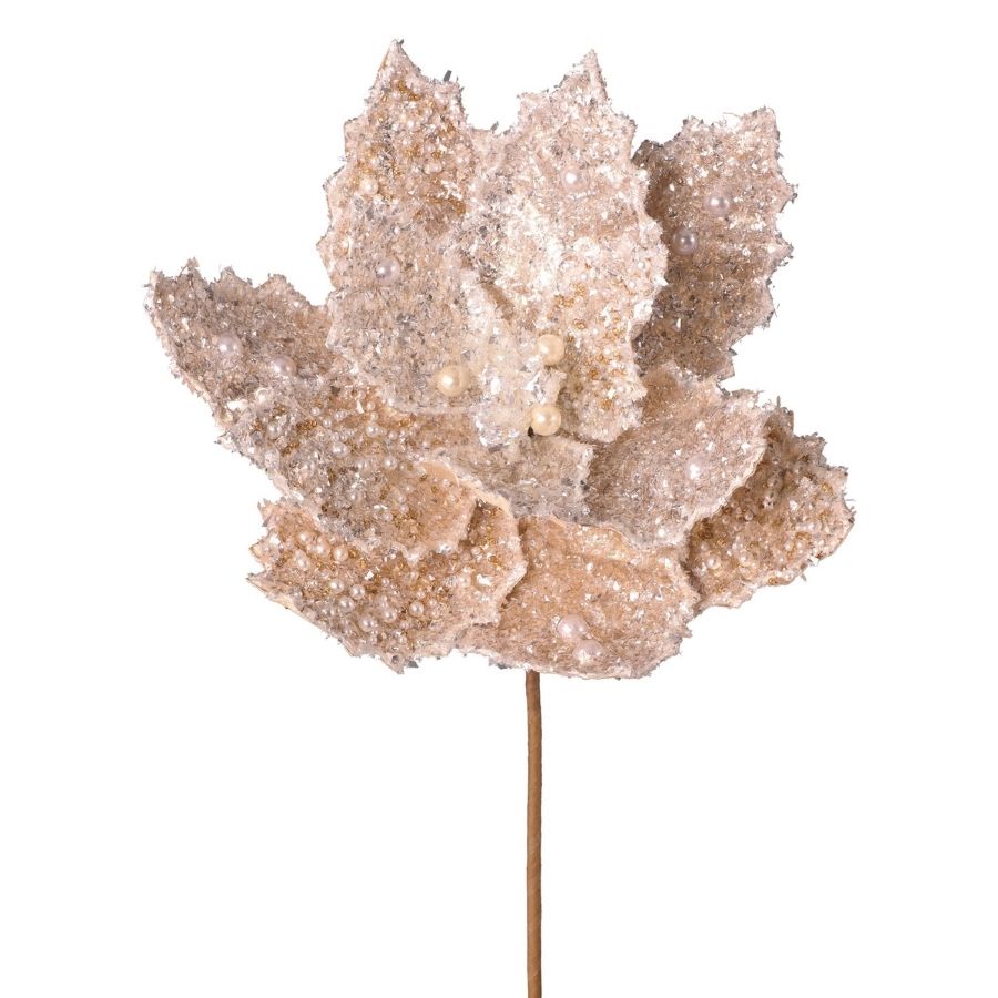 24" Iced Metallic Gold Poinsettia Stem with Pearls
