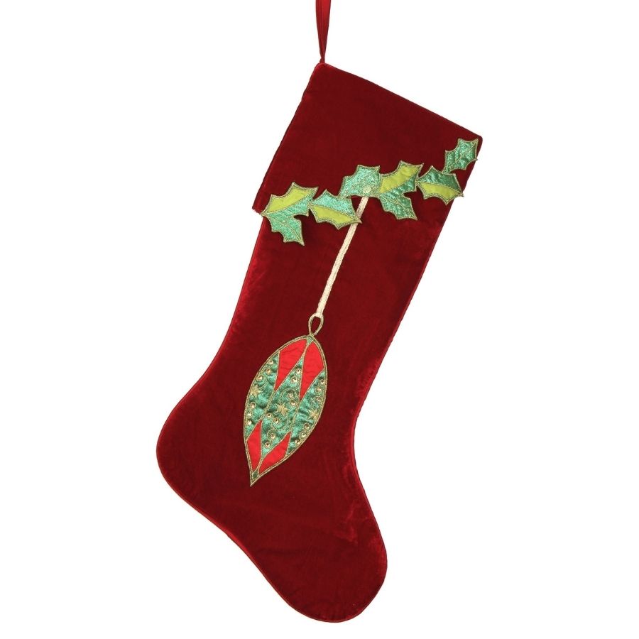 25" Red Velvet Hanging Ornament Stocking with Green Holly Detail