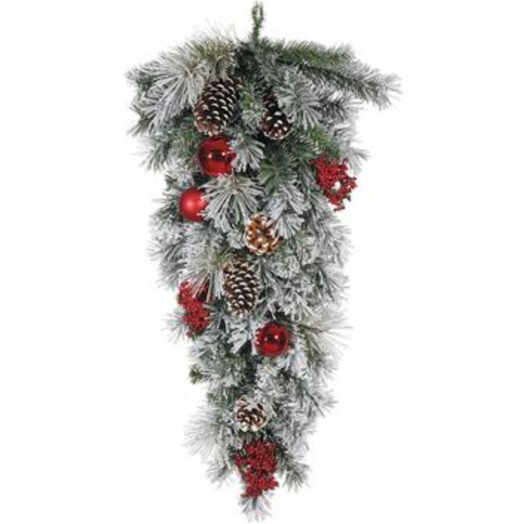 30" Snowed Pine, Pinecone, Ornament, and Berry Teardrop/Swag (Red, White)
