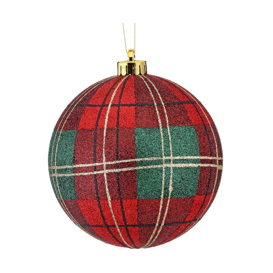 5.5" Glittered Plaid Ball Ornament (Green, Red, Gold, Black)