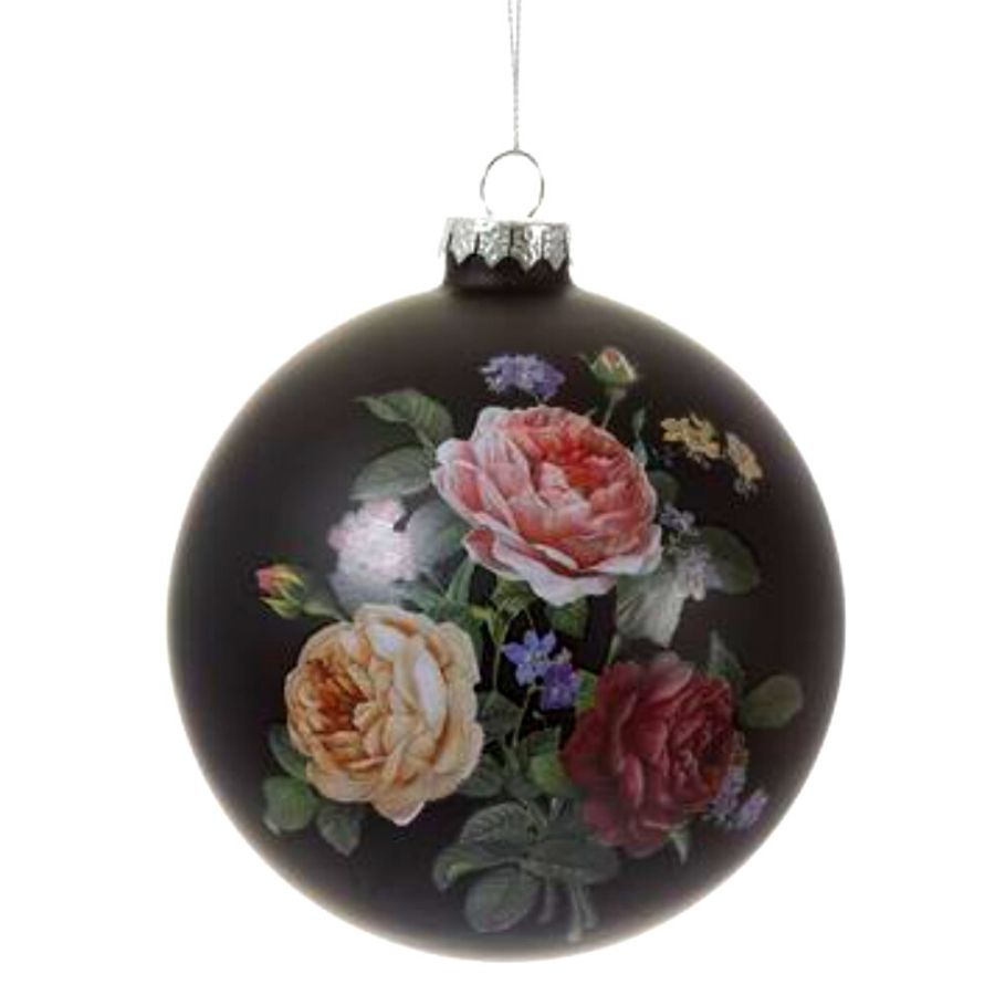 4.75" Black Glass Rose Painting Ball Ornament
