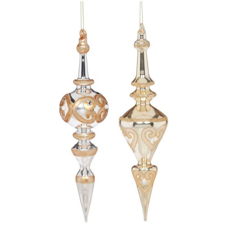 12" Princess Glass Finial Ornament Set (Silver, Gold, Pearl Detail)